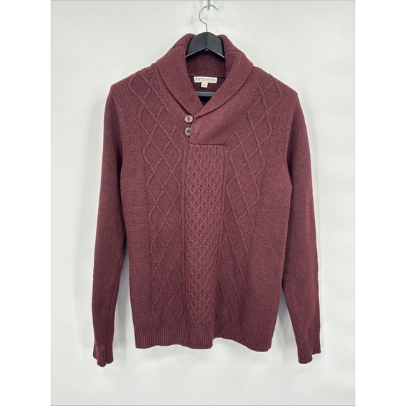 Frye And Co. Sweater Mens Small Burgundy Shawl Collar Cable Knit Classic‎ - Picture 1 of 8